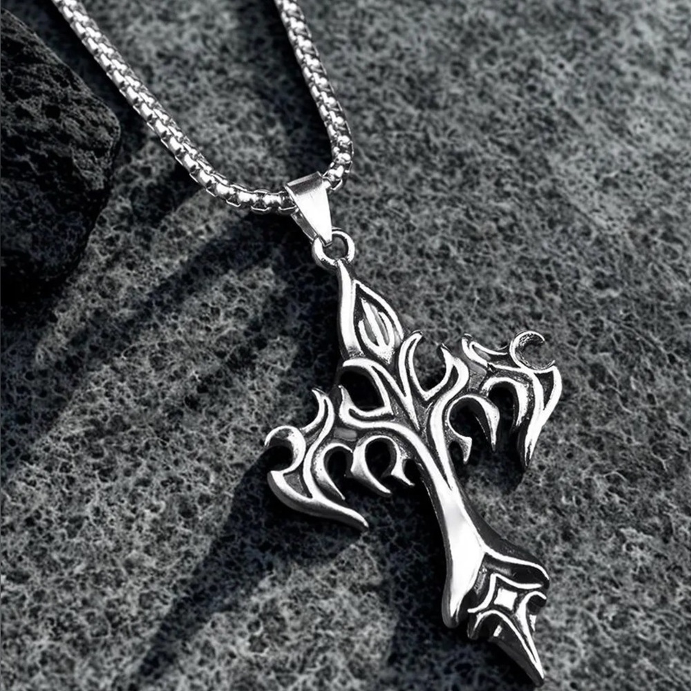 NEW Tribal Eternal Flame Goth Cross Pendant Necklace 24” w/Box